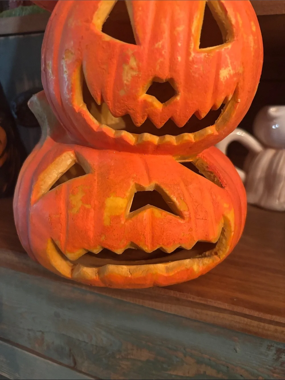 Trendmasters Lighted Foam Blow Mold Stacked Pumpkin Jack O'Lanterns 18”H 1990s